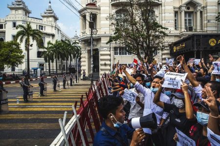 Protesters demonstrate after the military regime took power through a coup in Yangon, Myanmar, in 2021. PHOTO: NYTIMES