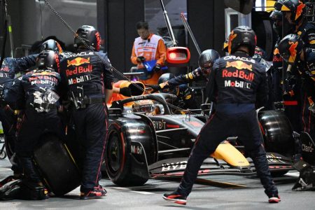 Red Bull’s Max Verstappen during a pit stop Pool via REUTERS/Mohd Rasfan