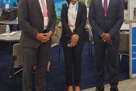 Minister of Tourism, Industry and Commerce,  Oneidge Walrond, (centre) along with Kenneth Bryan, Minister of Tourism and Transport, Cayman Islands (left) and  Kyle Rymer, Deputy Premier, Minister of Communications and Works, British Virgin Islands at the forum. (CJIA photo)
