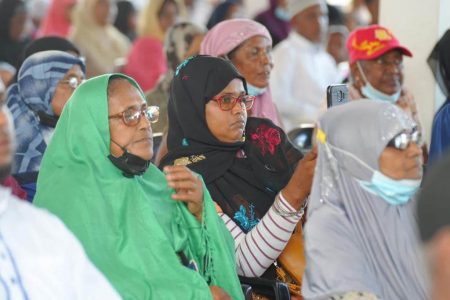 A scene from the Youman Nabi observance at the  Meten-Meer-Zorg Islamic Complex on the West Coast of Demerara yesterday.  A release from the Office of the President said that President  Irfaan Ali spoke about equality and the importance of human dignity  (Office of the President photo)