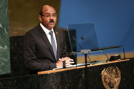 FILE PHOTO: Antigua and Barbuda Prime Minister Gaston Alphonso Browne addresses the 77th United Nations General Assembly at U.N. headquarters in New York City, New York, U.S., September 23, 2022. REUTERS/Caitlin Ochs