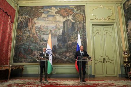 Russian Foreign Minister Sergei Lavrov and his Indian counterpart Subrahmanyam Jaishankar attend a news conference following their talks in Moscow, Russia, November 8, 2022. Maxim Shipenkov/Pool via REUTERS/