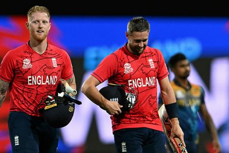 England's Ben Stokes (L) and England's Chris Woakes react after their victory in the ICC men's Twenty20 World Cup 2022 cricket match between England and Sri Lanka at the Sydney Cricket Ground (SCG) on November 5, 2022. — AFP