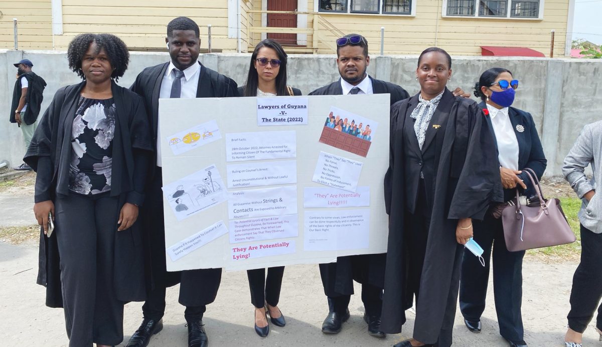 From left – Attorneys Tamieka Clarke, Darren Wade, President of the Bar Association of Guyana Pauline Chase, Everton Singh Lammy and Konyo Sandiford during the protest