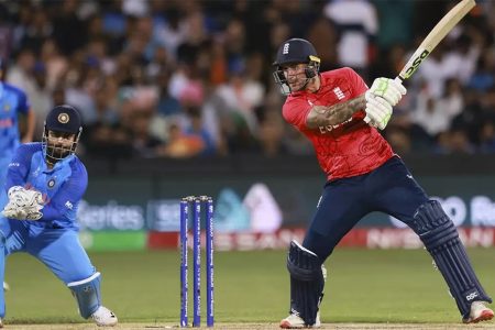Alex Hales unleashing a cut shot for a boundary against India during his unbeaten
86 from 47 deliveries in the semi-final of the ICC T20 World Cup. 