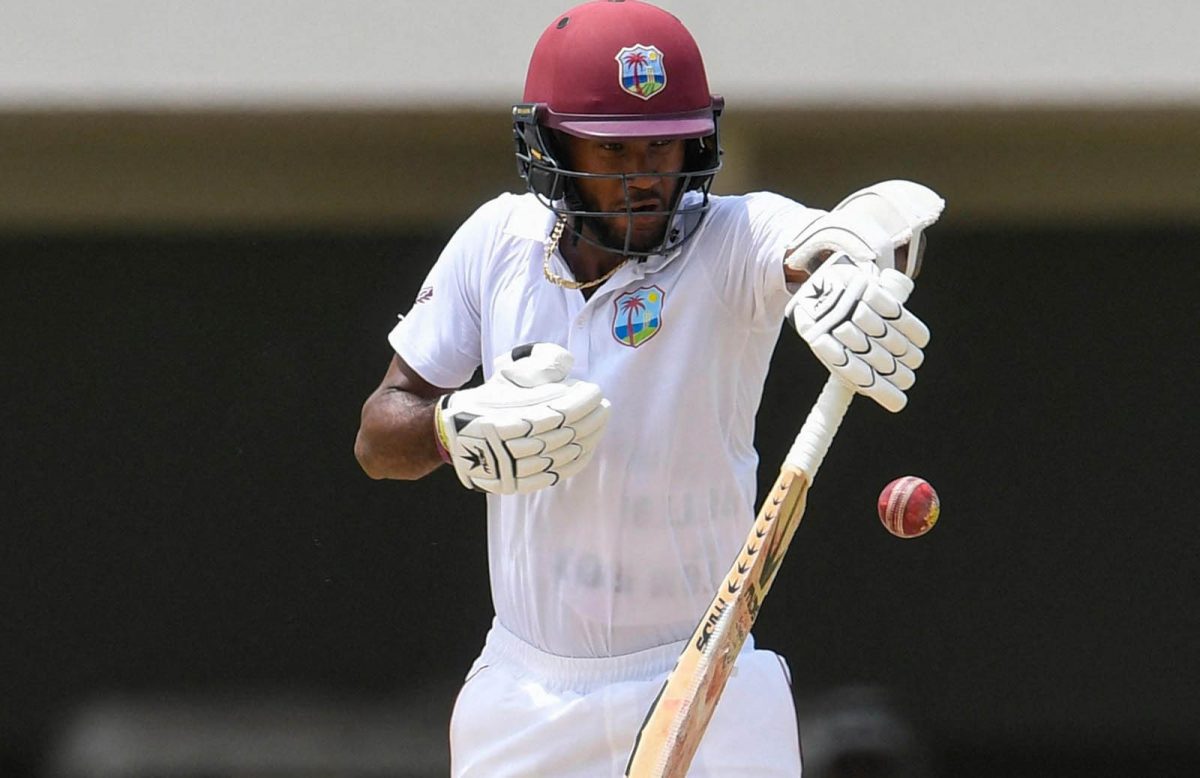 Captain Kraigg Brathwaite defending a ball during his half century in West Indies’ opening tour match against the Combined NSW/ACT XI
