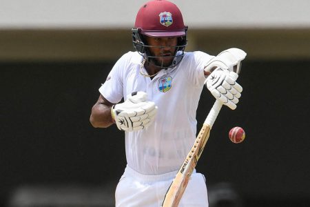 Captain Kraigg Brathwaite defending a ball during his half century in West Indies’ opening tour match against the Combined NSW/ACT XI
