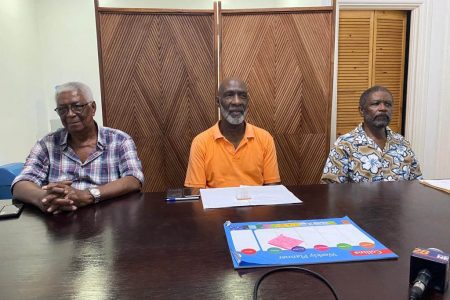 From left GECOM Opposition Commissioners Desmond Trotman, Vincent Alexander and Charles Corbin 