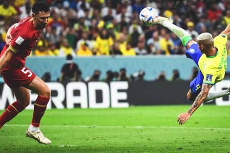 Richarlison scoring his overhead kick to complete his double against Serbia as Brazil ran out 2-0 winners to open their 2022 FIFA World Cup campaign