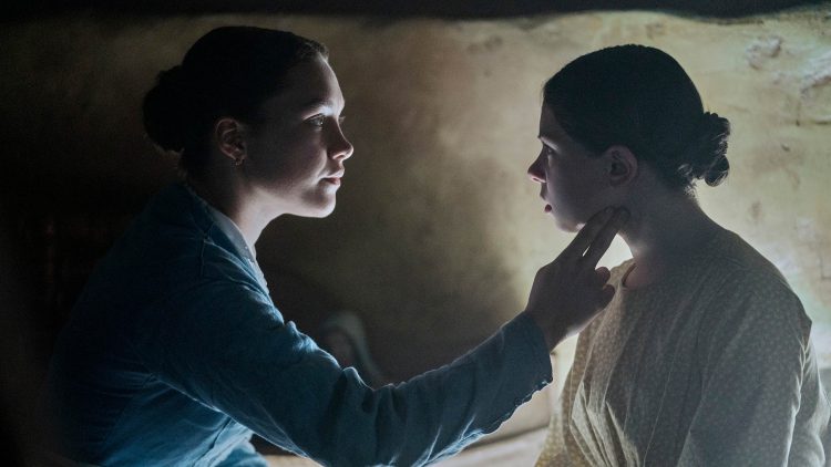 From left are Florence Pugh as Lib Wright and Kíla Lord Cassidy as Anna O’Donnell in “The Wonder.” (Photo: Aidan Monaghan/Netflix)