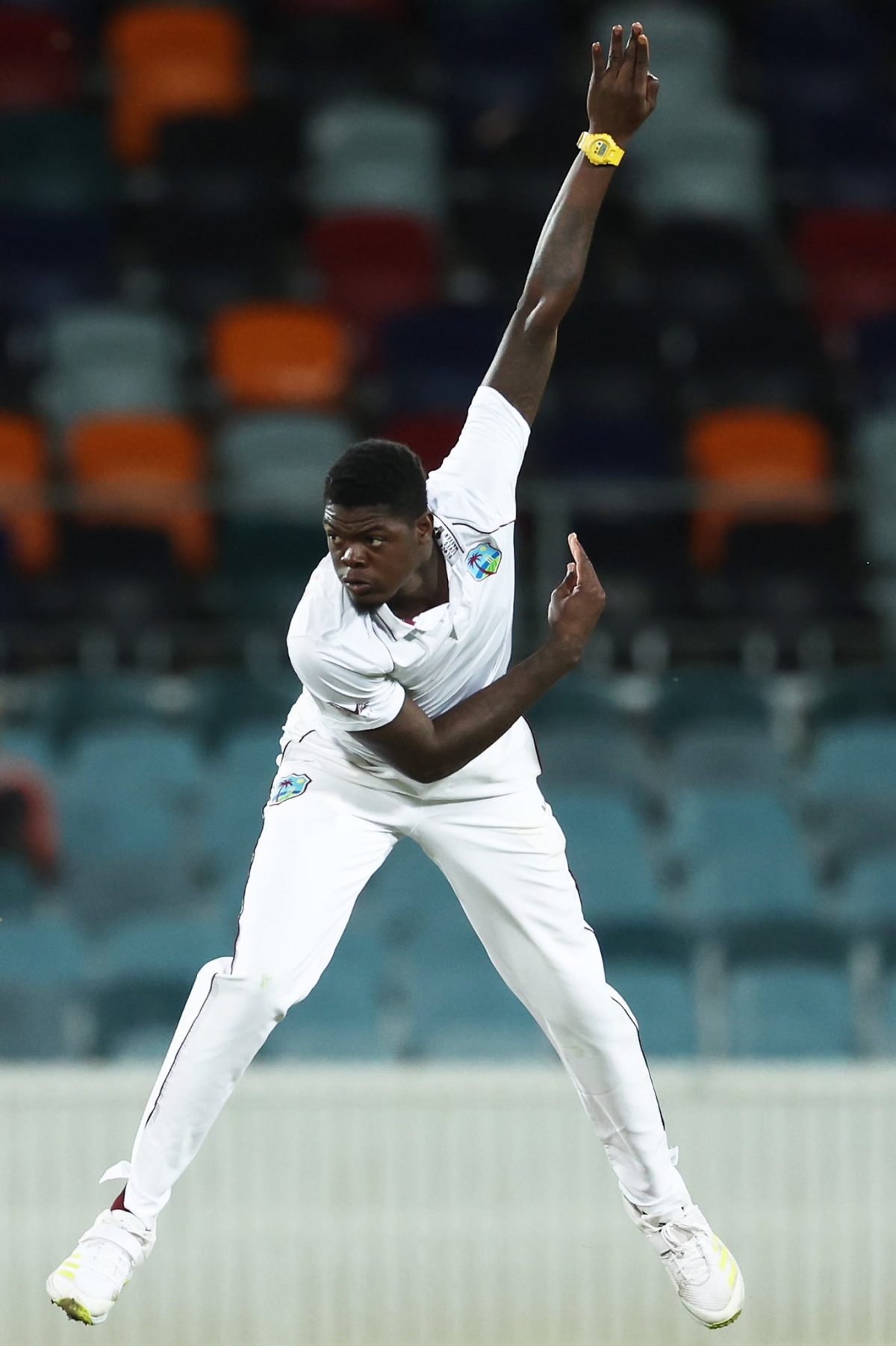 Fast bowler Alzarri Joseph sends down a delivery during his three-wicket spell yesterday. (Photo courtesy CWI Media)
