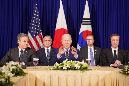 U.S. President Joe Biden (centre), White House National Security Advisor Jake Sullivan and Secretary of State Antony Blinken attend a trilateral meeting with Japanese Prime Minister Fumio Kishida and South Korean President Yoon Suk-yeol in Phnom Penh, Cambodia, November 13, 2022. REUTERS/Kevin Lamarque