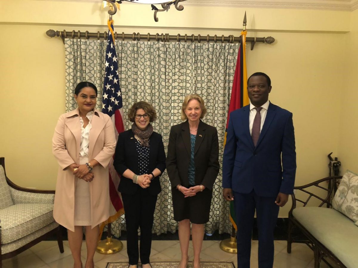 From left are Minister of Human Services, Vindhya Persaud;   US Assistant Secretary for Consular Affairs, Rena Bitter;  US Ambassador to Guyana, Sarah-Ann Lynch and Minister of Foreign Affairs, Hugh Todd. (US Embassy photo)