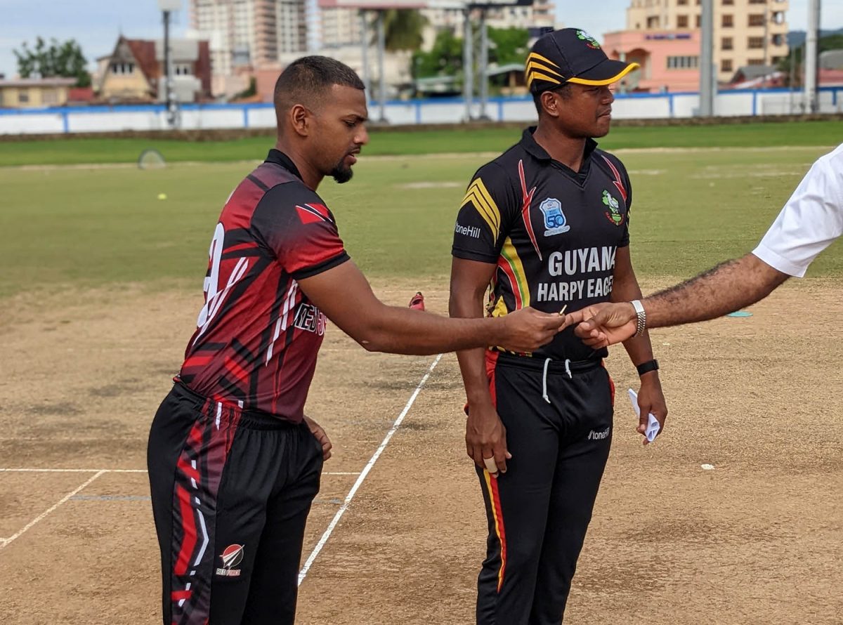  Captains Nicholas Pooran and Leon Johnson at the toss. (Photo Courtesy CWI)