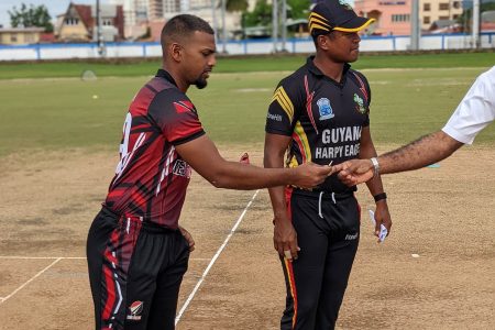  Captains Nicholas Pooran and Leon Johnson at the toss. (Photo Courtesy CWI)