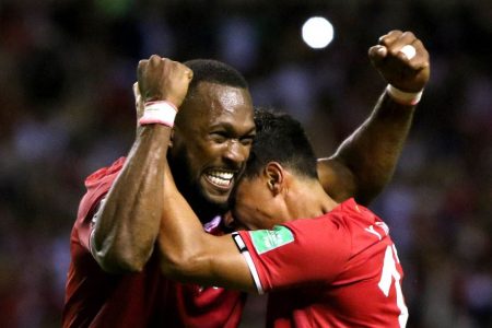 Costa Rica’s Kendall Waston celebrates after a match with teammate REUTERS/Mayela Lopez
