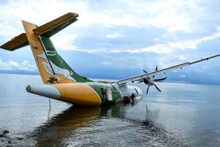 FILE PHOTO: The remains of the Precision Air ATR 42-500 passenger plane that plunged into Lake Victoria is seen in Bukoba, Tanzania November 7, 2022. Tanzania Prime Minister Office/Handout via REUTERS