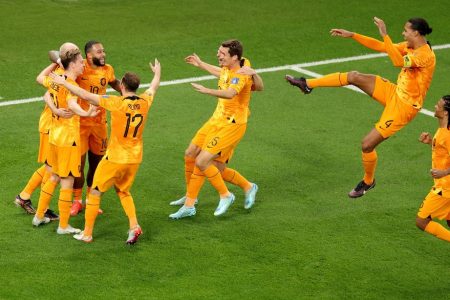 The Netherlands celebrate their second goal. (Photo Reuters)
