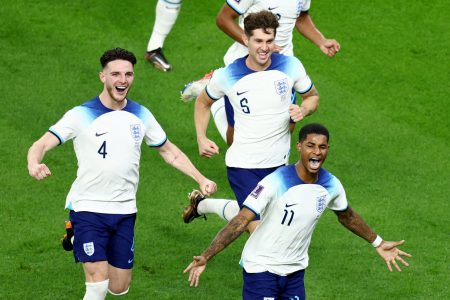 England’s Marcus Rashford celebrates scoring their first goal REUTERS/Marko Djurica