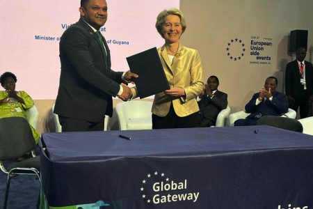 Minister of Natural Resources,  Vickram Bharrat (left) exchanging the MoU with President of the European Commission, Ursula von der Leyen. 