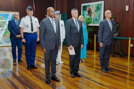 New non-resident Ambassador of France to Guyana,  Nicolas de Lacoste, (centre in front row) preparing to present his Letters of Credence to President Irfaan Ali on Monday at the Office of the President. (Office of the President photo)
