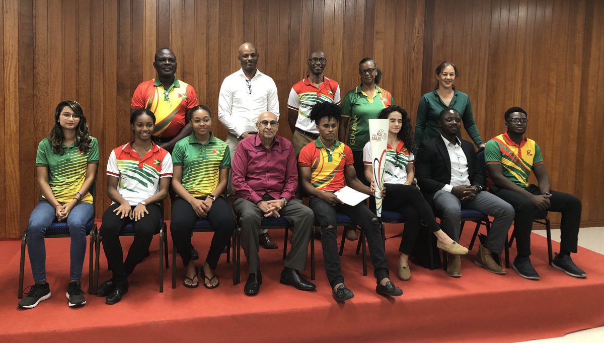 GOA boss Kalam Juman-Yassin (sitting 4th from left) in the presence of athletes and officials who participated at the recently concluded South American Games, as well as other GOA officials
