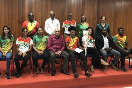 GOA boss Kalam Juman-Yassin (sitting 4th from left) in the presence of athletes and officials who participated at the recently concluded South American Games, as well as other GOA officials