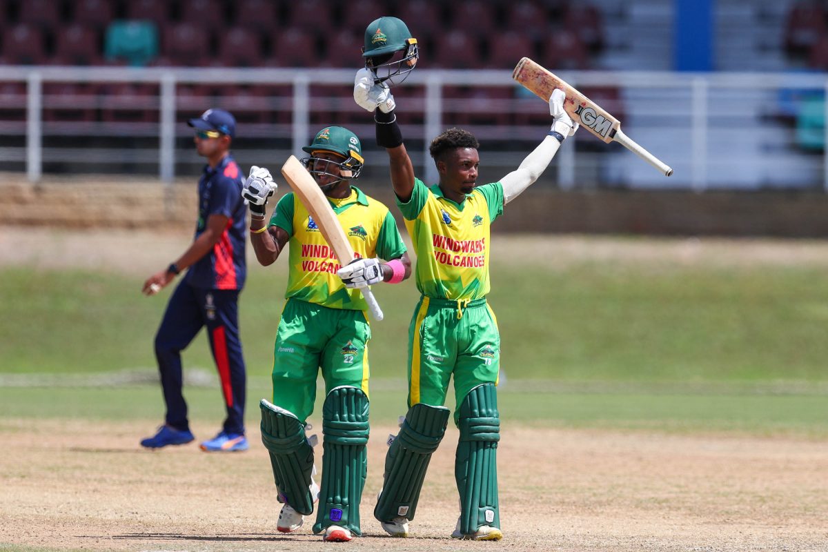 Kavem Hodge, left, scored his first ton of this year’s Super50 Cup while Alick Athanaze raises his bat for his second century in successive matches. (Photo courtesy Cricket West Indies Twitter)
