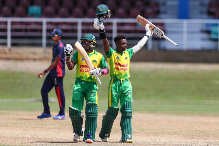 Kavem Hodge, left, scored his first ton of this year’s Super50 Cup while Alick Athanaze raises his bat for his second century in successive matches. (Photo courtesy Cricket West Indies Twitter)
