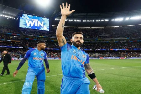 Virat Kohli made an unbeaten 64 as India put one foot in the door of the semi-finals yesterday.