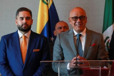 Jorge Rodriguez, President of Venezuela's National Assembly and Head of Nicolas Maduro's negotiating team, along with Nicolas Maduro Guerra, son of Venezuela's President, and members of Venezuela's government, talks to the media, in Mexico City, Mexico November 26, 2022. REUTERS/Henry Romero