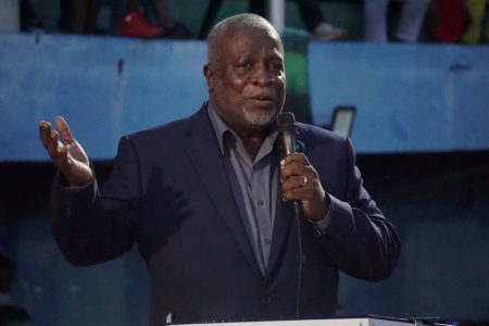  Prime Minister Mark Phillips delivered the keynote address during the opening ceremony of this year’s National Schools Cycling, Swimming and Track and Field Championships which returns after a two-year hiatus. (Emmerson Campbell photo) 