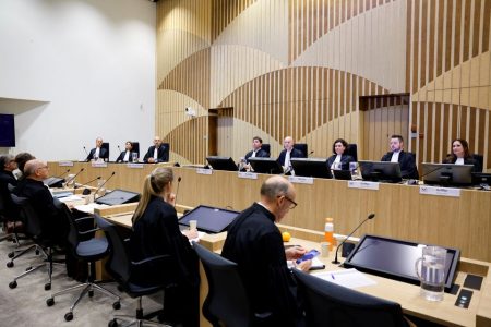  A view of the courtroom as the Dutch court announces its ruling in the MH17 trial of three Russians and a Ukrainian in the Schiphol Judicial Complex, Badhoevedorp, Netherlands, November 17, 2022. REUTERS/Piroschka van de Wouw