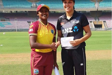 The West Indies and New Zealand U19 captains prior to the start of the match.
