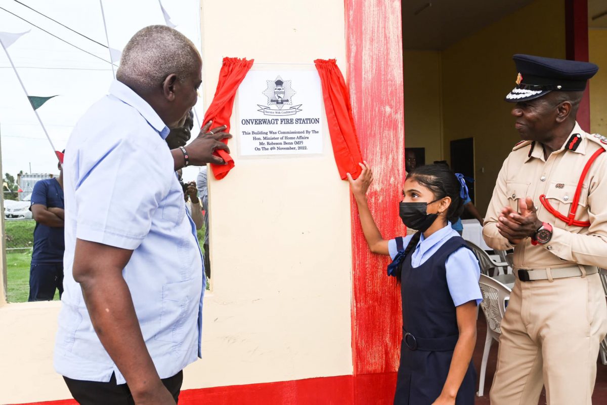 Minister of Home Affairs, Robeson Benn (left) yesterday commissioned a $28 million fire station at Onverwagt, West Coast Berbice. (Ministry of Home Affairs photo)