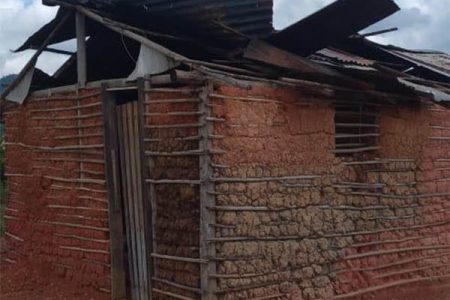 On Wednesday, approximately 11 homes suffered extensive damage after a storm ripped through the Indigenous village of Kato in the North Pakaraimas, Region Eight. In this CDC photo, the damaged roof of one of the homes can be seen
