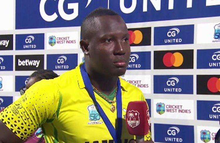  Jamaica Scorpions captain Rovman Powell speaks following his side’s victory in the Super50 Cup final. 