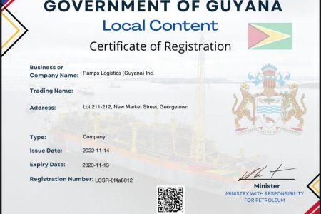The Certificate of Registration issued to Ramps Logistics (Guyana) Inc