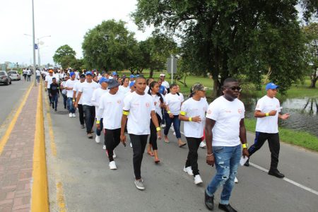 The Guyana National Road Safety Council in collaboration with the Guyana Police Force and the Ministry of Home Affairs held a road safety education and awareness walk yesterday under the theme ‘Justice’, in observance of World Day of Remembrance for Road Traffic Victims 2022 and to raise awareness of road deaths.
The activity, which began at the Kitty Pump Station Roundabout  ended at the Police Bandstand. (Guyana Police Force photo)
