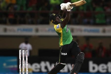 Jamaica Scorpions skipper Rovman Powell on the go during his magnificent century Thursday night.
