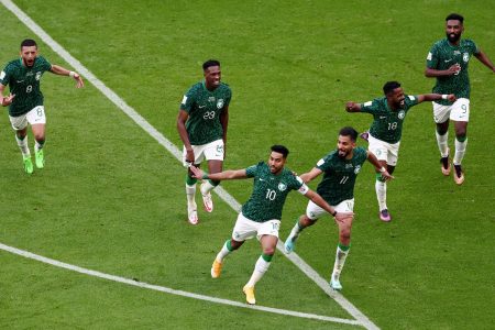  Saudi Arabia’s Salem Al-Dawsari celebrates scoring their second goal with teammates REUTERS/Marko Djurica.