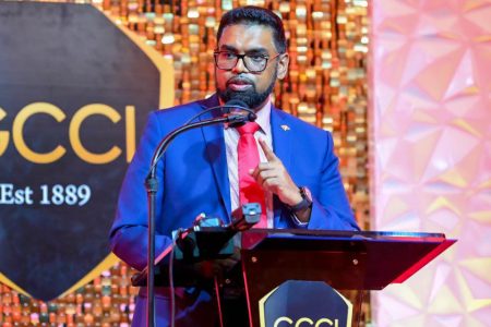 President Irfaan Ali addressing the GCCI’s annual awards ceremony on Thursday night (Office of the President photo)