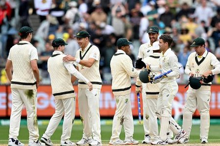 Australian players celebrating after winning the 2nd Test against South Africa and clinched the three match series 2-0