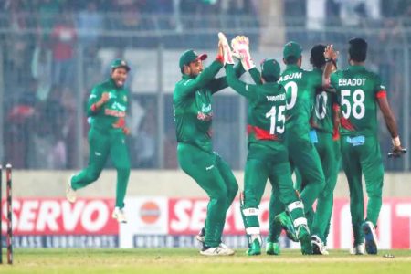 Bangladesh celebrating after defeating India in the 2nd ODI to clinch the series
