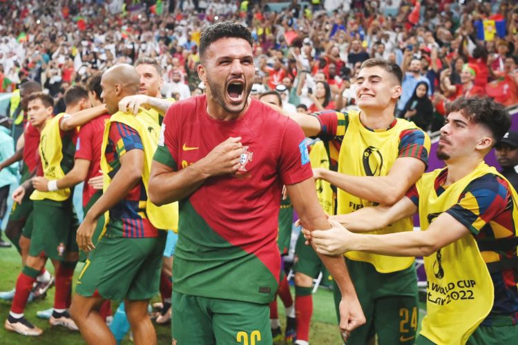 Demolition Man! Goncalo Ramos celebrating his hat-trick as Portugal crushed Switzerland 6-1 to seal a place in the 2022 FIFA World Cup quarterfinals 