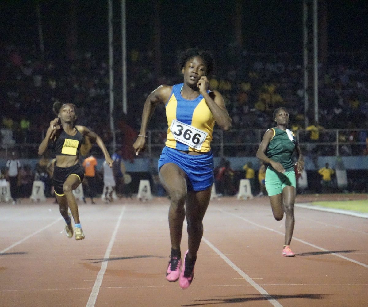 Keliza Smith of District 3 (West Demerara) smashed the half lap Girls U-20 record en route to completing her sprint double last night. (Emmerson Campbell photo)