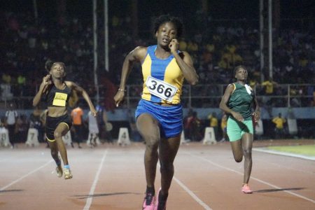 Keliza Smith of District 3 (West Demerara) smashed the half lap Girls U-20 record en route to completing her sprint double last night. (Emmerson Campbell photo)