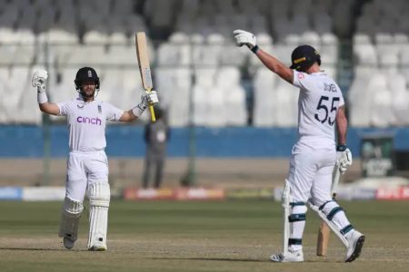 Ben Stokes (right) and Ben Duckett celebrating after the latter
struck the winning runs to secure the 3-0 series sweep of Pakistan
