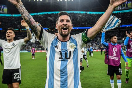 Finals Bound! Argentina talisman Lionel Messi celebrating after his side thrashed Croatia 3-0 in the semifinal of the 2022 FIFA World Cup
