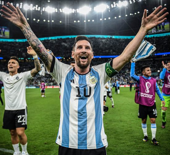 Finals Bound! Argentina talisman Lionel Messi celebrating after his side thrashed Croatia 3-0 in the semifinal of the 2022 FIFA World Cup
